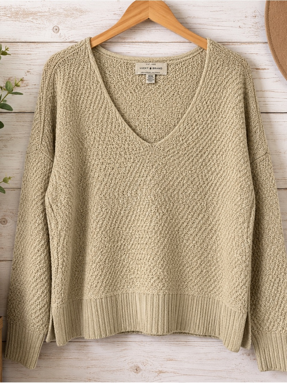 Lucky Brand Women's V-Neck Knit Sweater in Beige